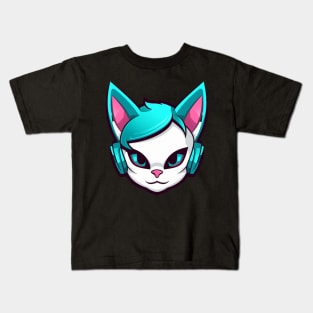 Cartoon Cat with Headphones Kids T-Shirt